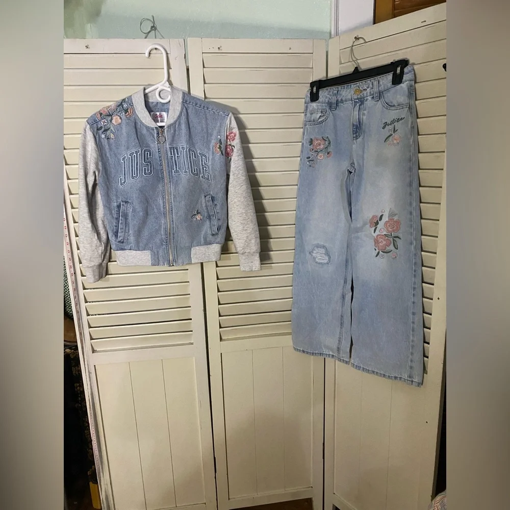 Girls Justice Embroidered Jean Jacket and Wide Leg Jeans Set